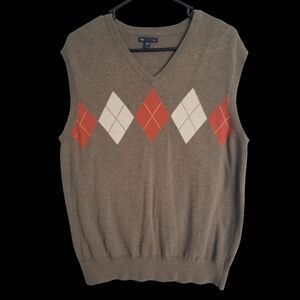 Gap Argyle Brown Orange Cotton Sweater Vest Retro V Neck Size Large